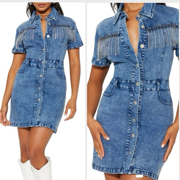 NWT Fashion Nova Kourt Embellished Mini Dress - Dark Wash - Picture 1 of 9